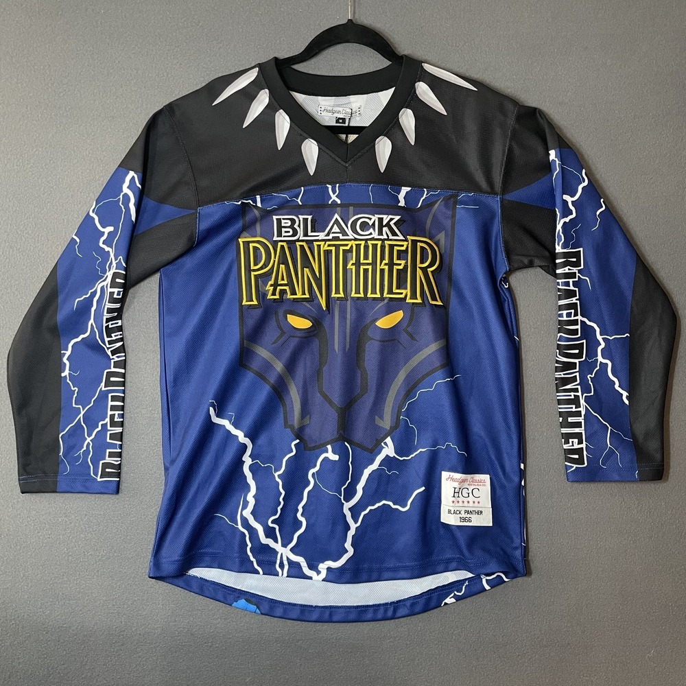 Headgear Classics Black Panther Hockey Style Jersey Mens M Black Blue Marvel NWT